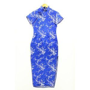 Golden Dragon Dress Women's Chinese Blue Floral Satin Oriental Sleeveless Large
